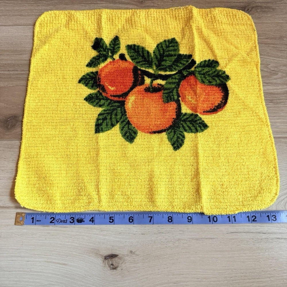 Vintage Yellow Washcloth Orange Fruit Print MCM - Picture 3 of 4